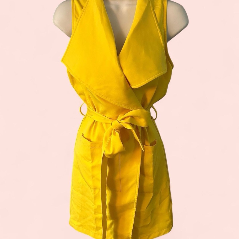 Bright Yellow Sleeveless Wrap Dress with Tie Waist